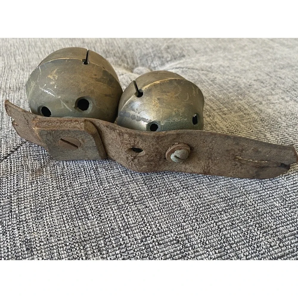2 Antique Large Brass Swedish Style Sleigh Bells on Leather Strap Fragment